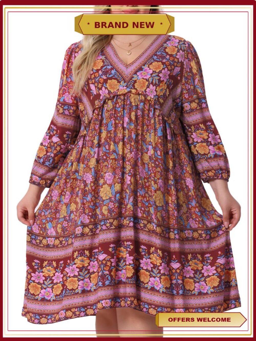 Plus Size Casual Boho Floral V Neck 3/4 Sleeve Dress